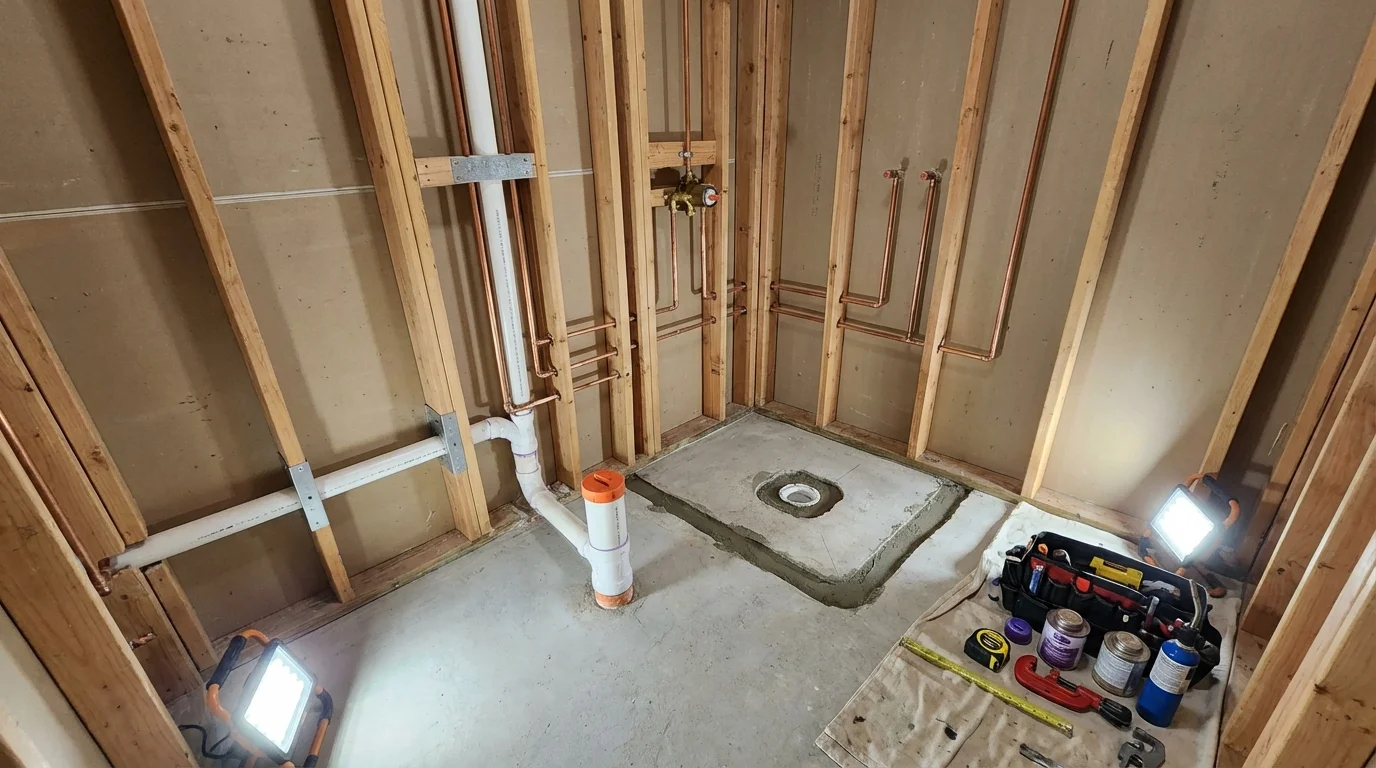 Bathroom rough-in plumbing during remodel by Johns Plumbing LLC in Redondo Beach