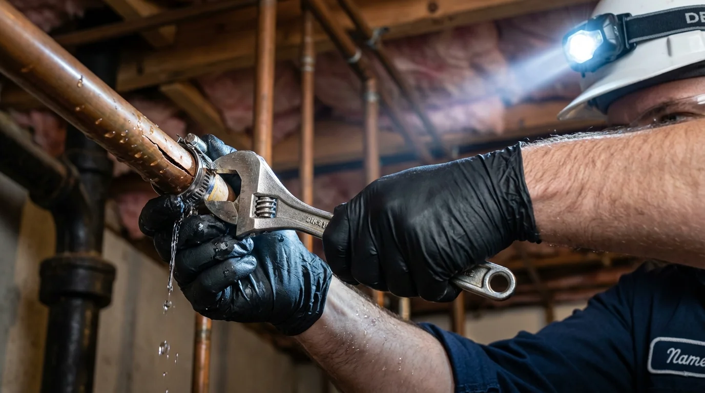 Emergency pipe clamp repair being performed by a Johns Plumbing LLC plumber in Redondo Beach