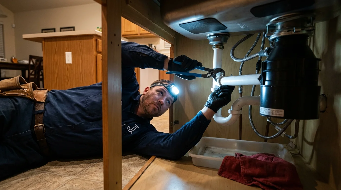 P-trap and supply line connections under a kitchen sink showing a common leak point in Redondo Beach, CA